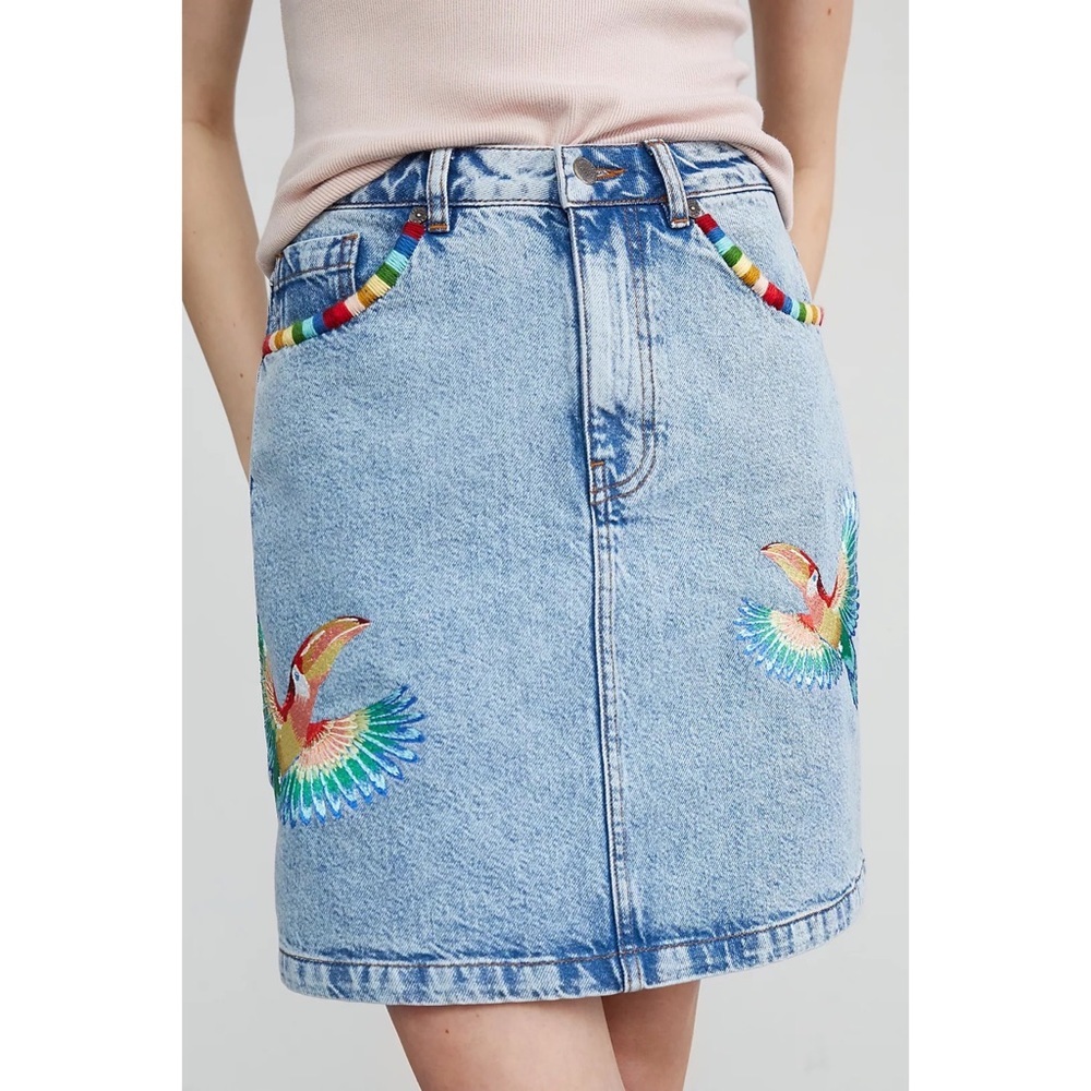 Farm Rio Embroidered Denim Mini Skirt S